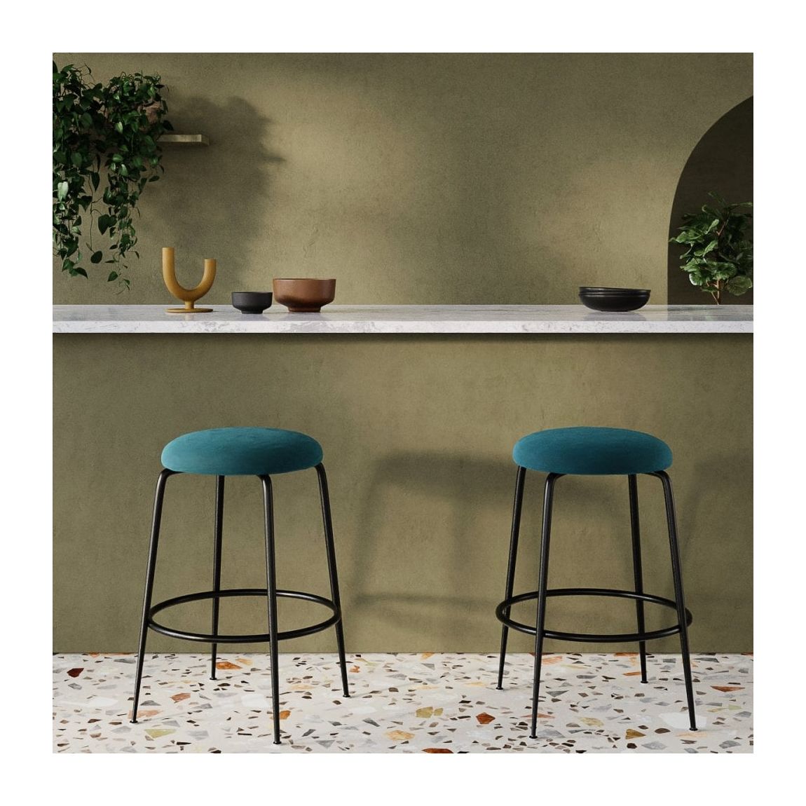 Regent Kitchen Stool, Teal Sustainable Velvet & Black main product photo