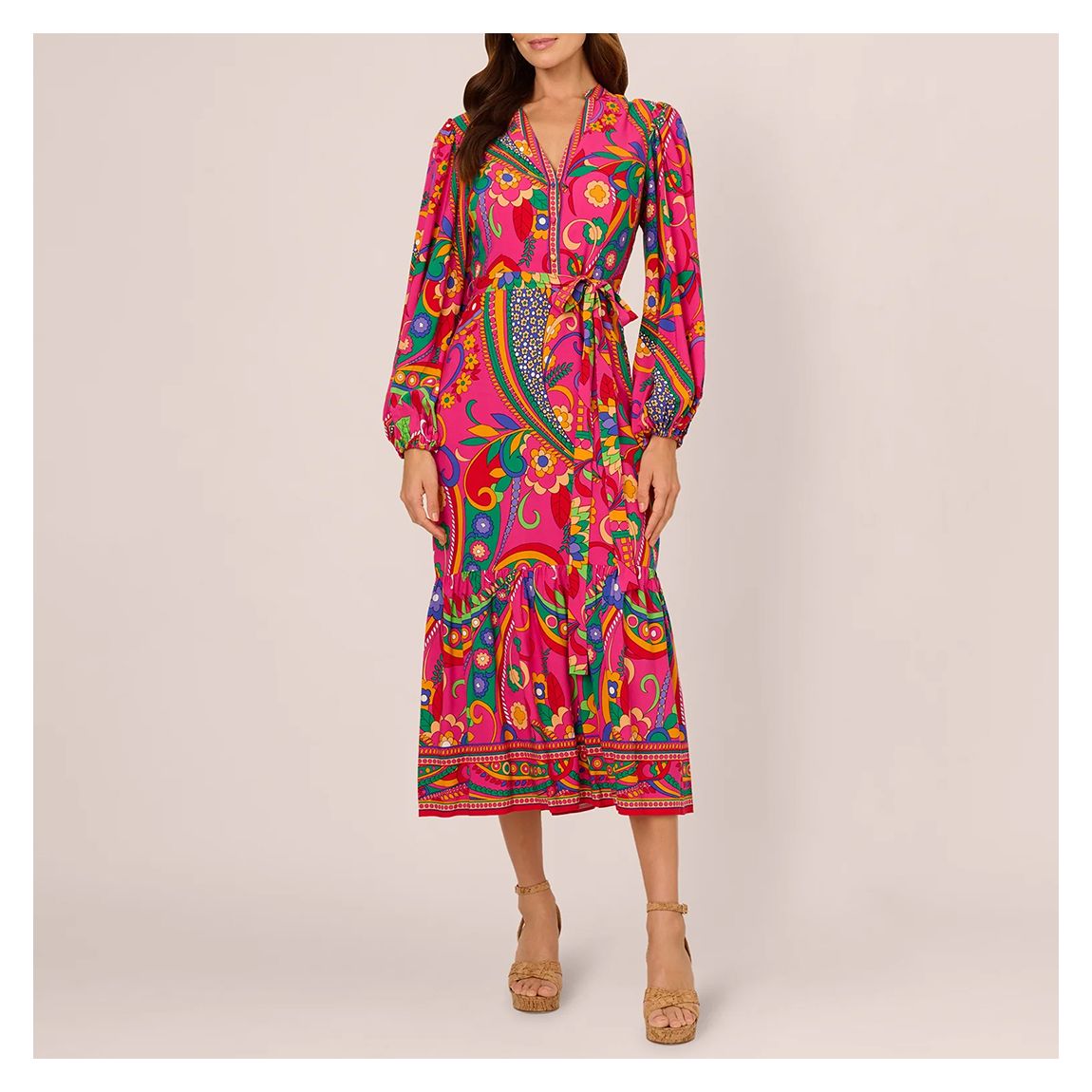 Pink Multi Printed Tie Waist Midi Dress main product photo