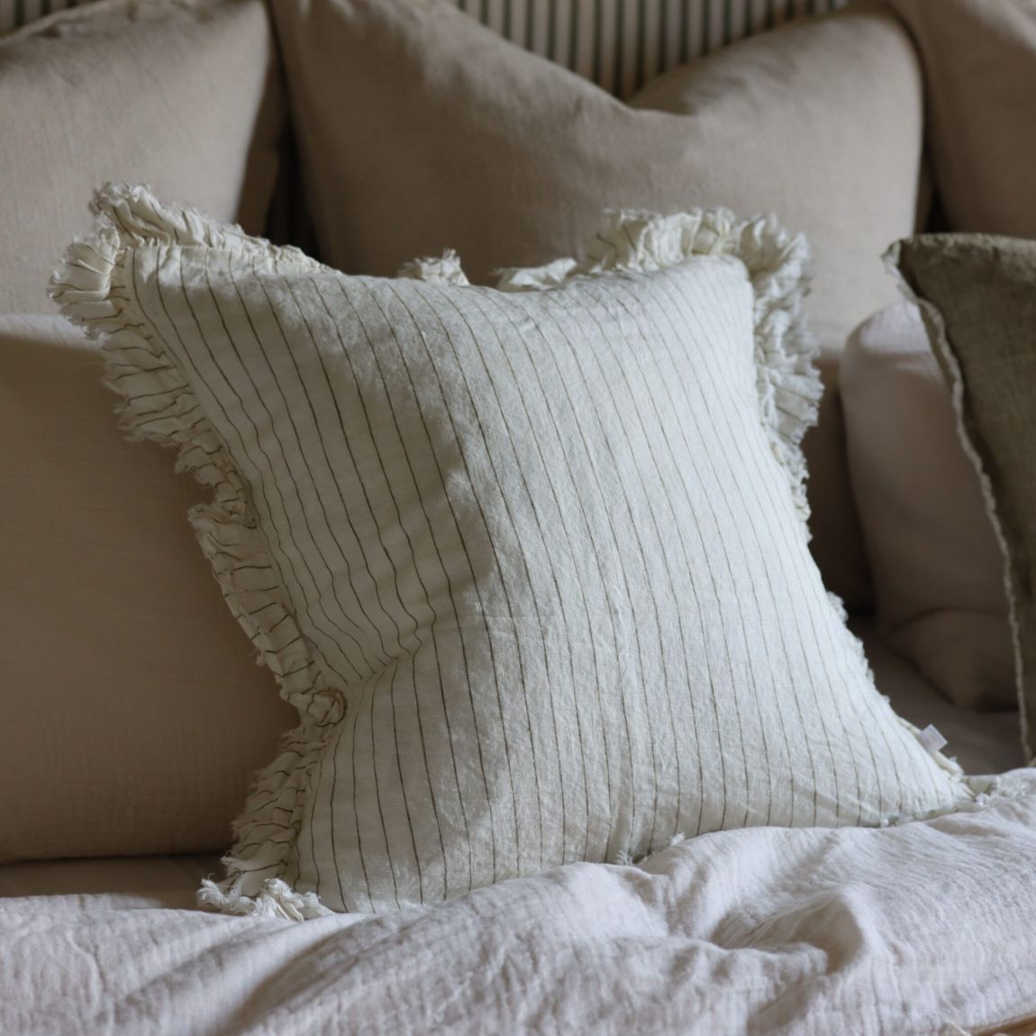Hallie Olive Pinstripe Ruffle Cushion 53x53 main product photo