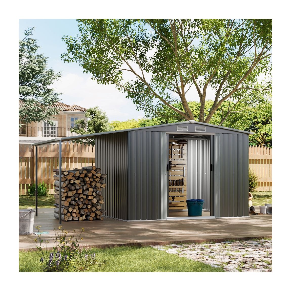 Outdoor 6x8 FT Garden Metal Storage Shed with Lean-to - Dark Grey main product photo