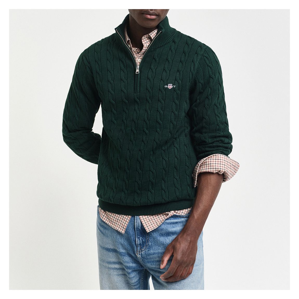 Dark Green Cotton Cable Knit Half Zip Jumper main product photo