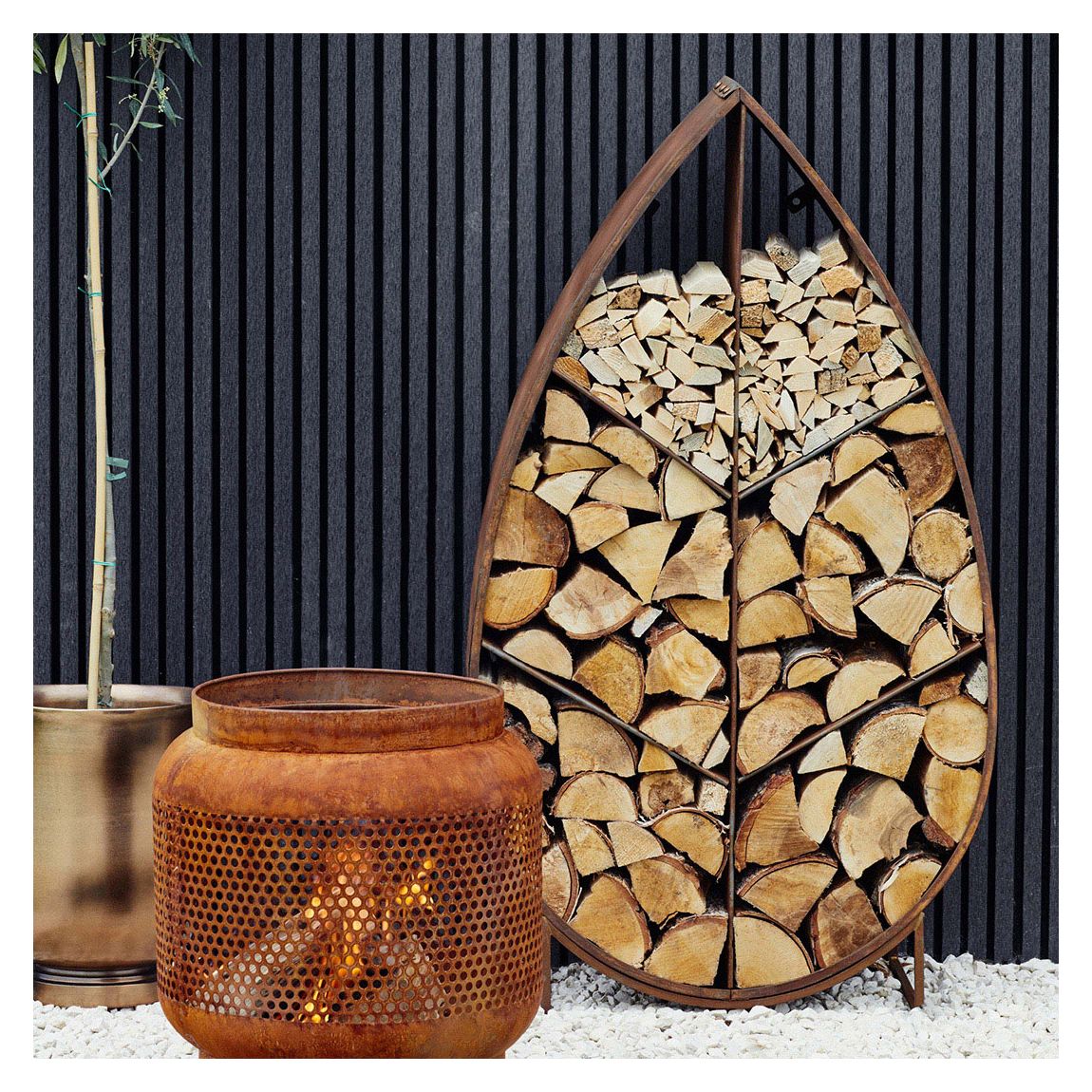 Leaf on Stand Sculptural Log Storage Natural Rust, H124cm W70cm main product photo