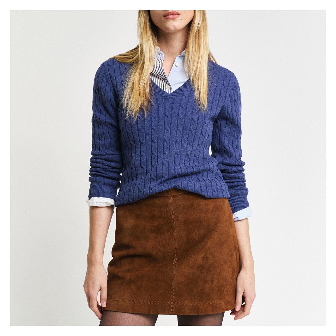 Light Navy Stretch Cable V-Neck Knit main product photo