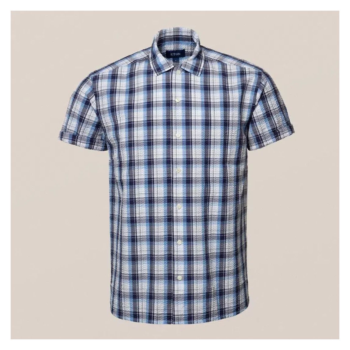 Eton Classic Fit Mid Blue Check Short Sleeve Shirt for Men main product photo