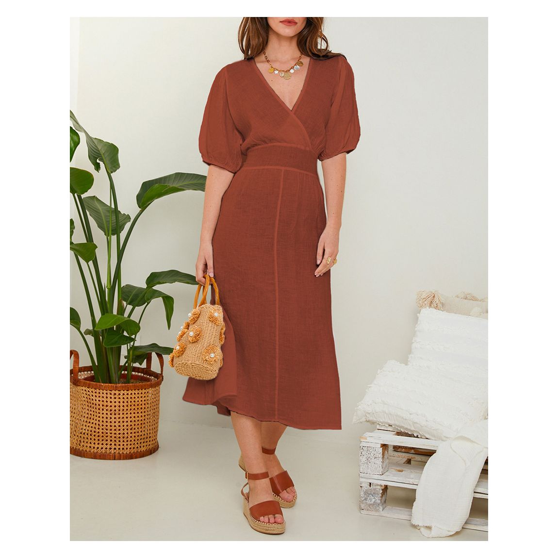 Rust Linen Midi Dress main product photo