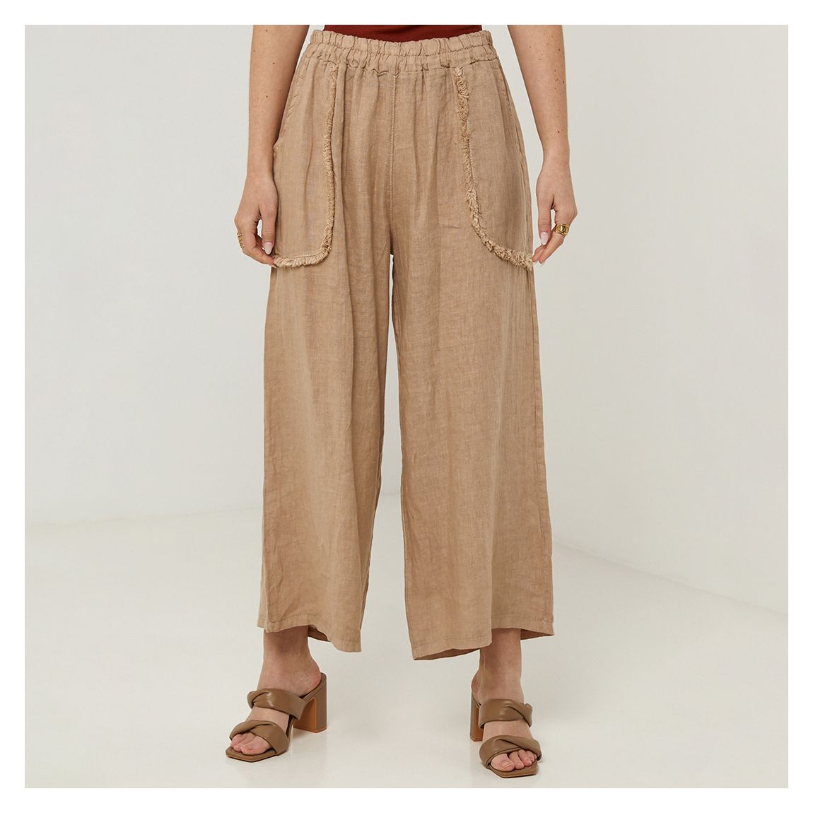 Camel Ruffle Pocket Linen Trousers main product photo