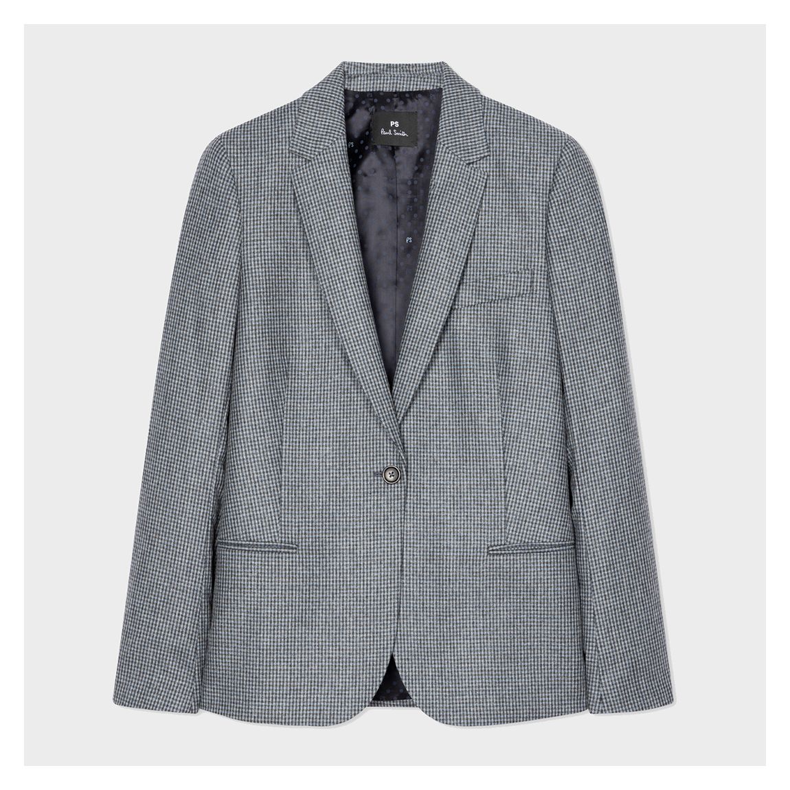 Grey Gingham Notched Lapel Wool Blend Blazer main product photo