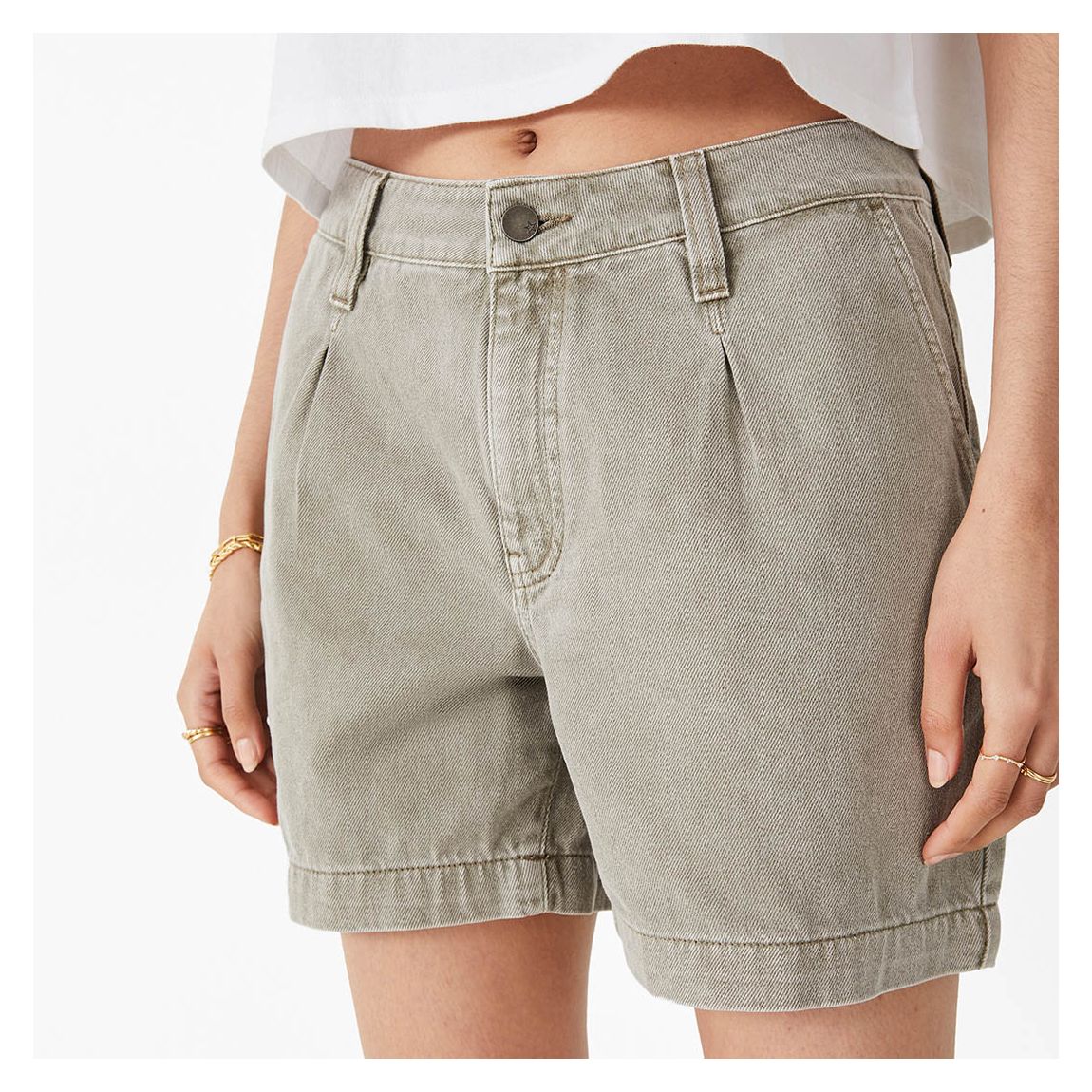 Khaki Hana Pleated Denim Shorts main product photo