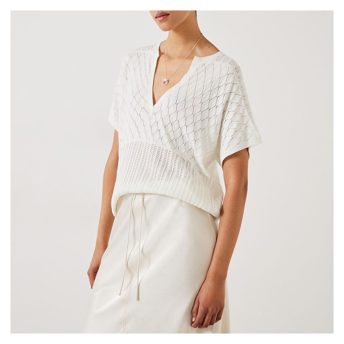 White Adeena Pointelle Stitch Knitted Tee