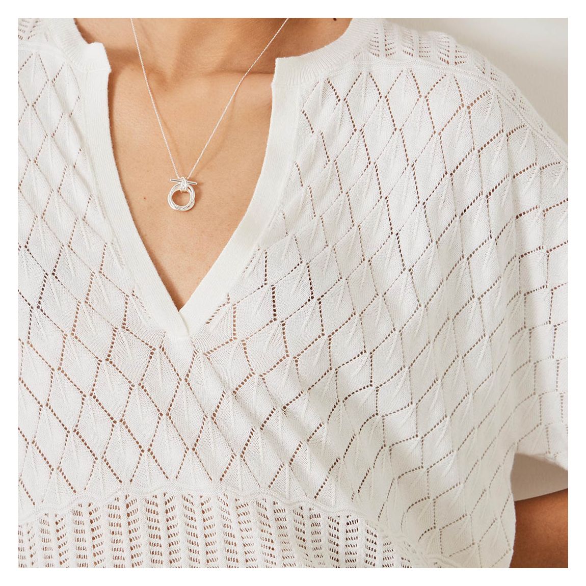 White Adeena Pointelle Stitch Knitted Tee