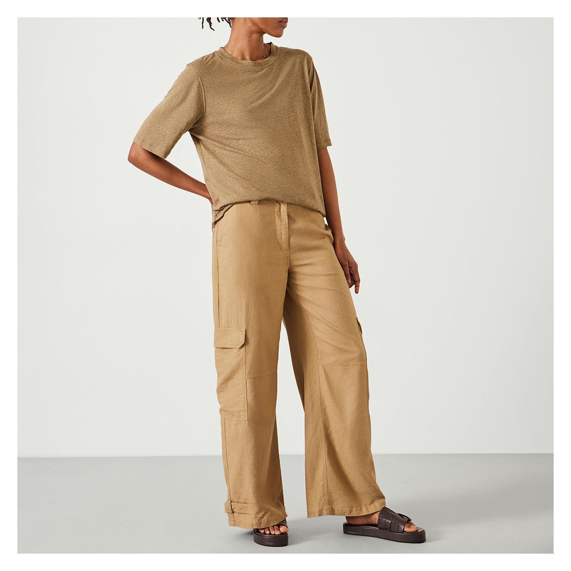 Camel Nova Linen Cargo Trousers - brown main product photo