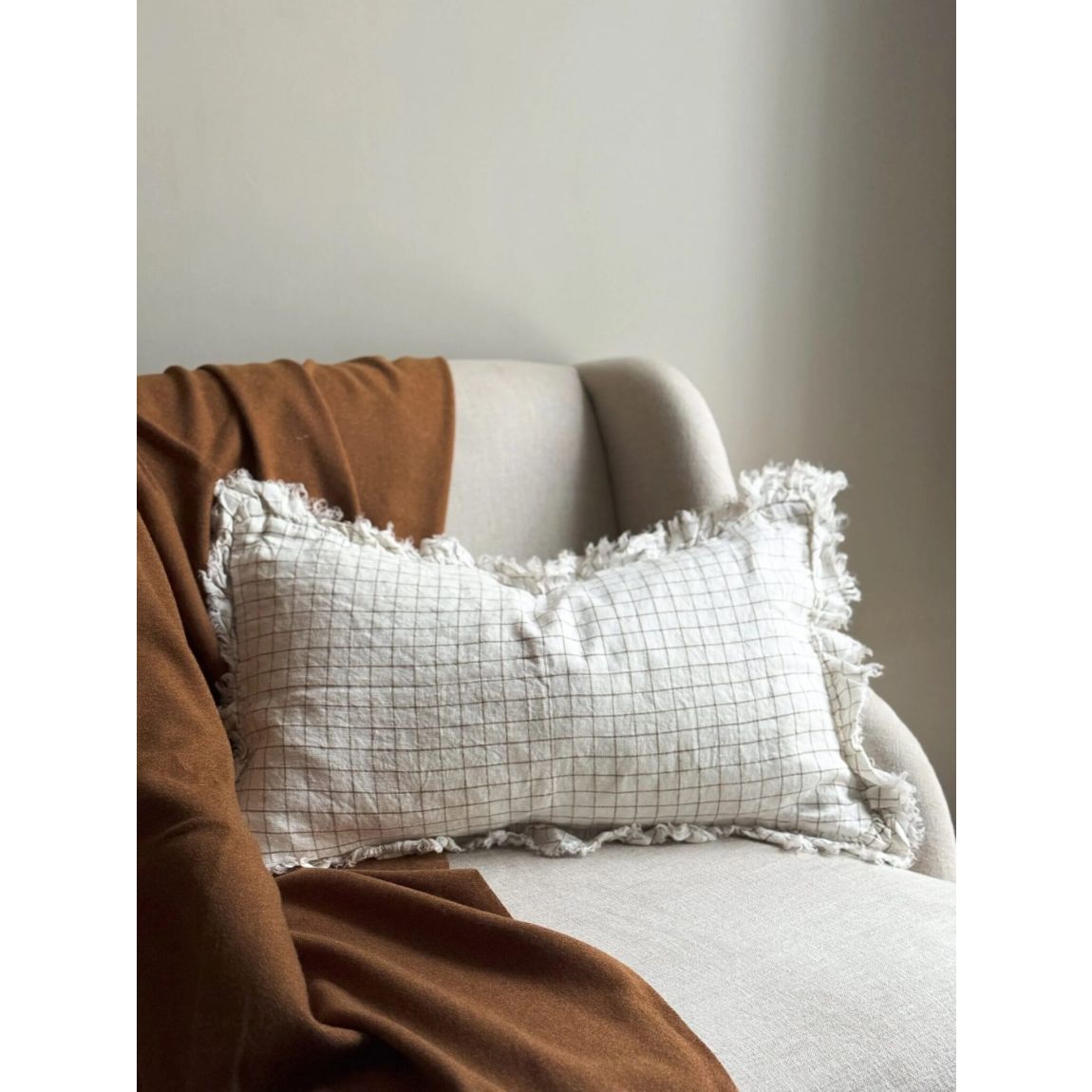 Hallie Brown Check Ruffle Cushion 50x30 main product photo