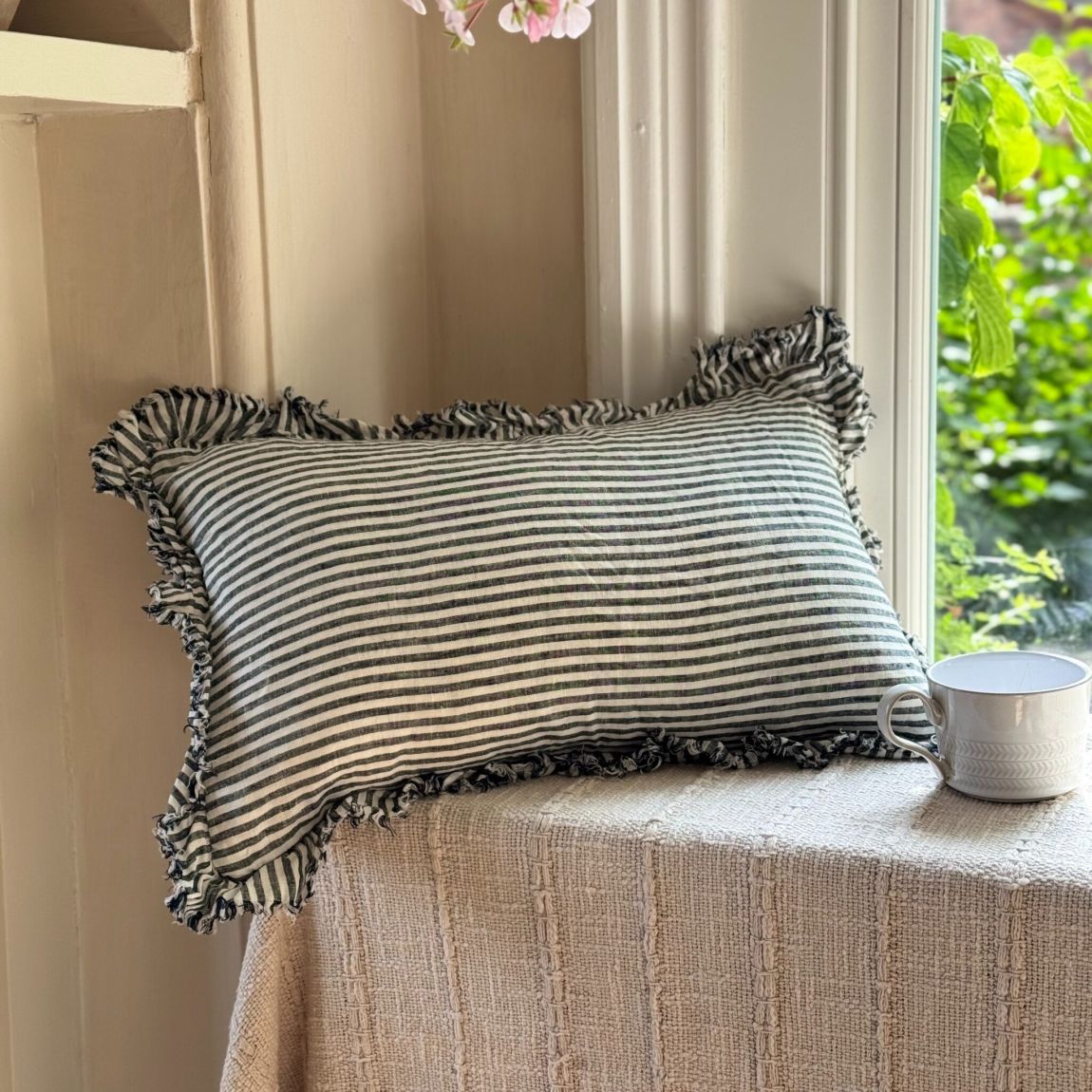 Hallie Charcoal Stripe Ruffle Cushion 50x30 main product photo