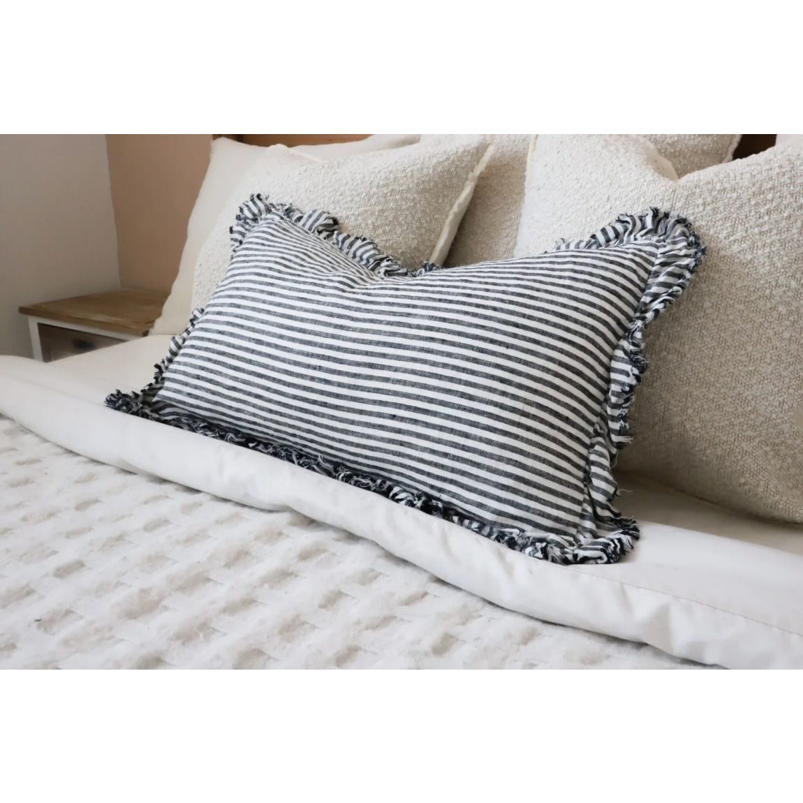 Hallie Charcoal Stripe Ruffle Cushion 50x30 main product photo