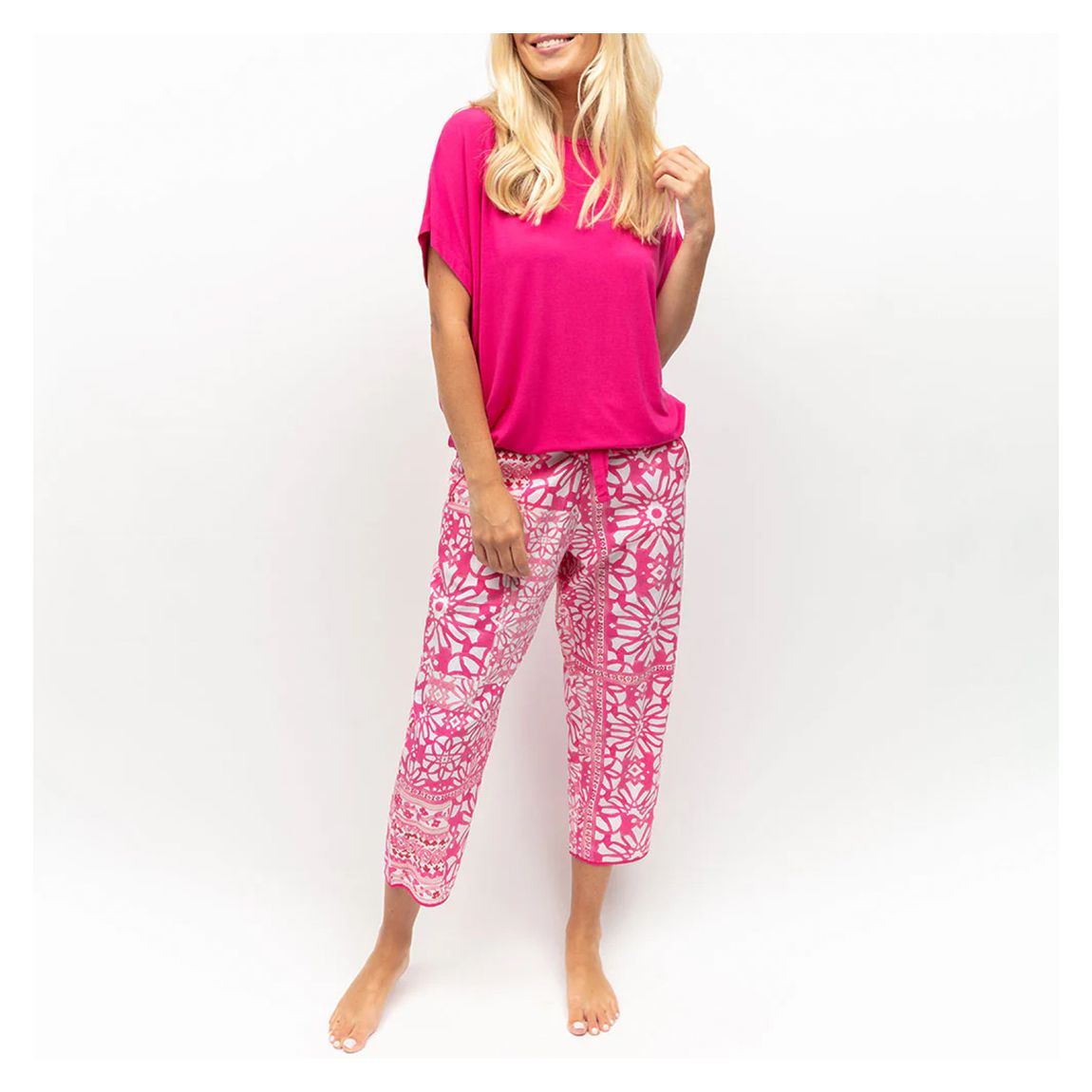 PINK SLOUCH TOP AND PINK TILE PRINT CROPPED PYJAMA BOTTOMS main product photo
