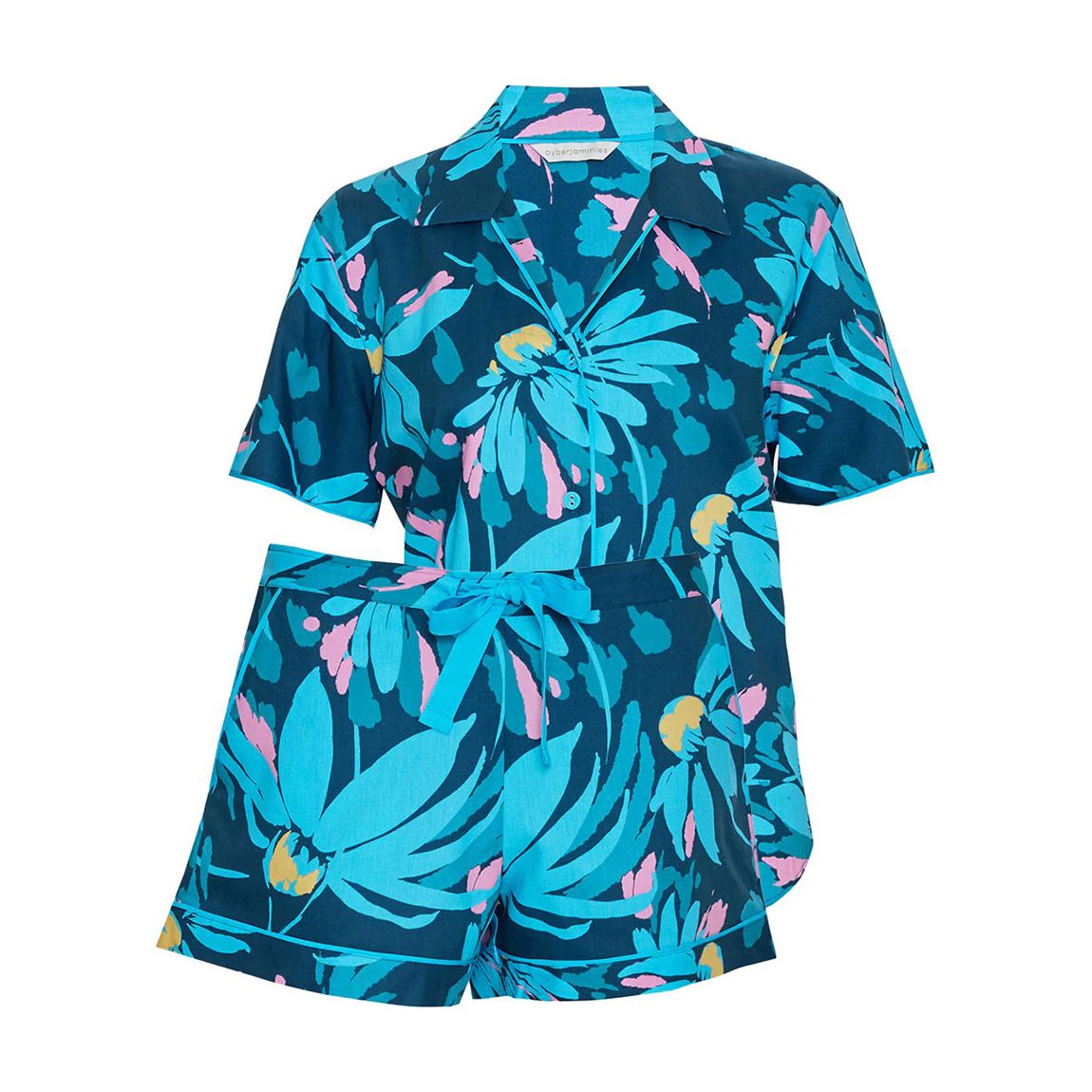 TEAL FLORAL PRINT PYJAMA TOP AND SHORT main product photo