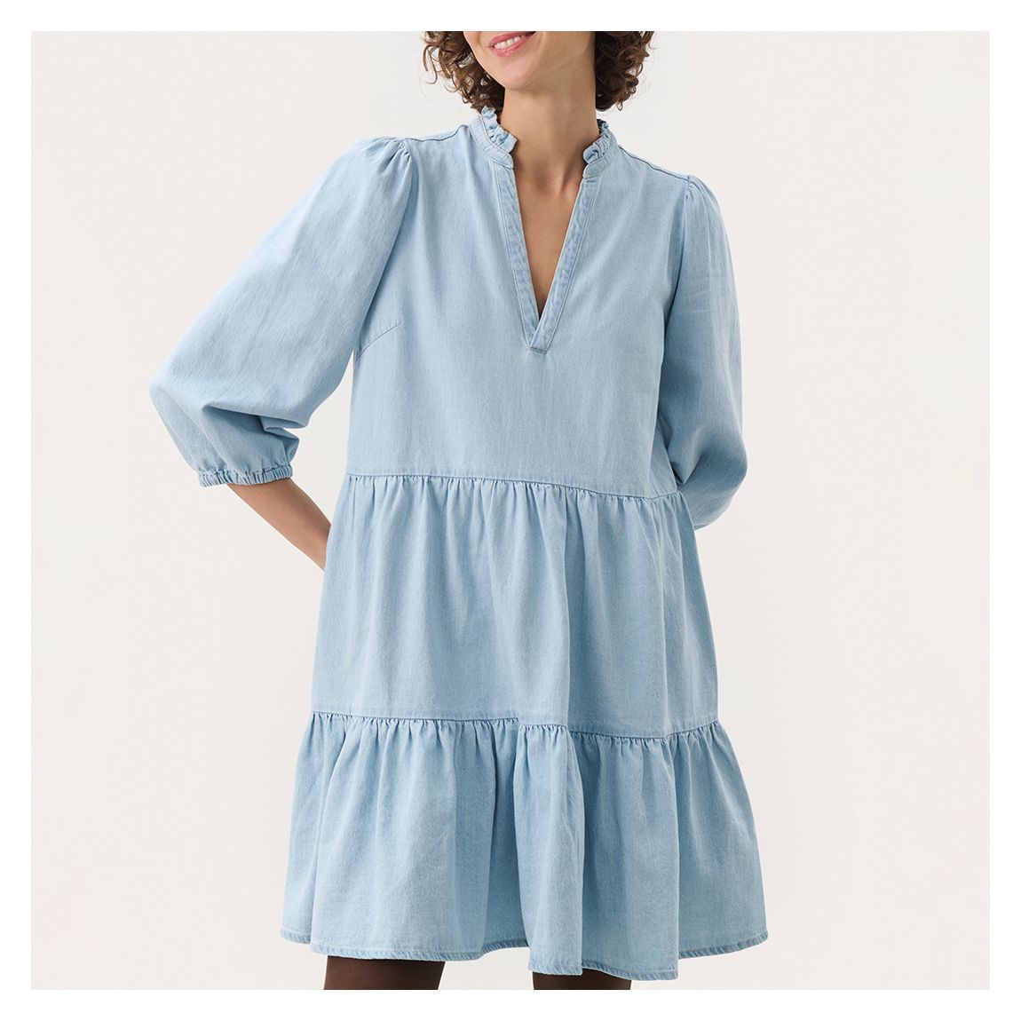 Light Blue Denim Tiered Mini Dress main product photo