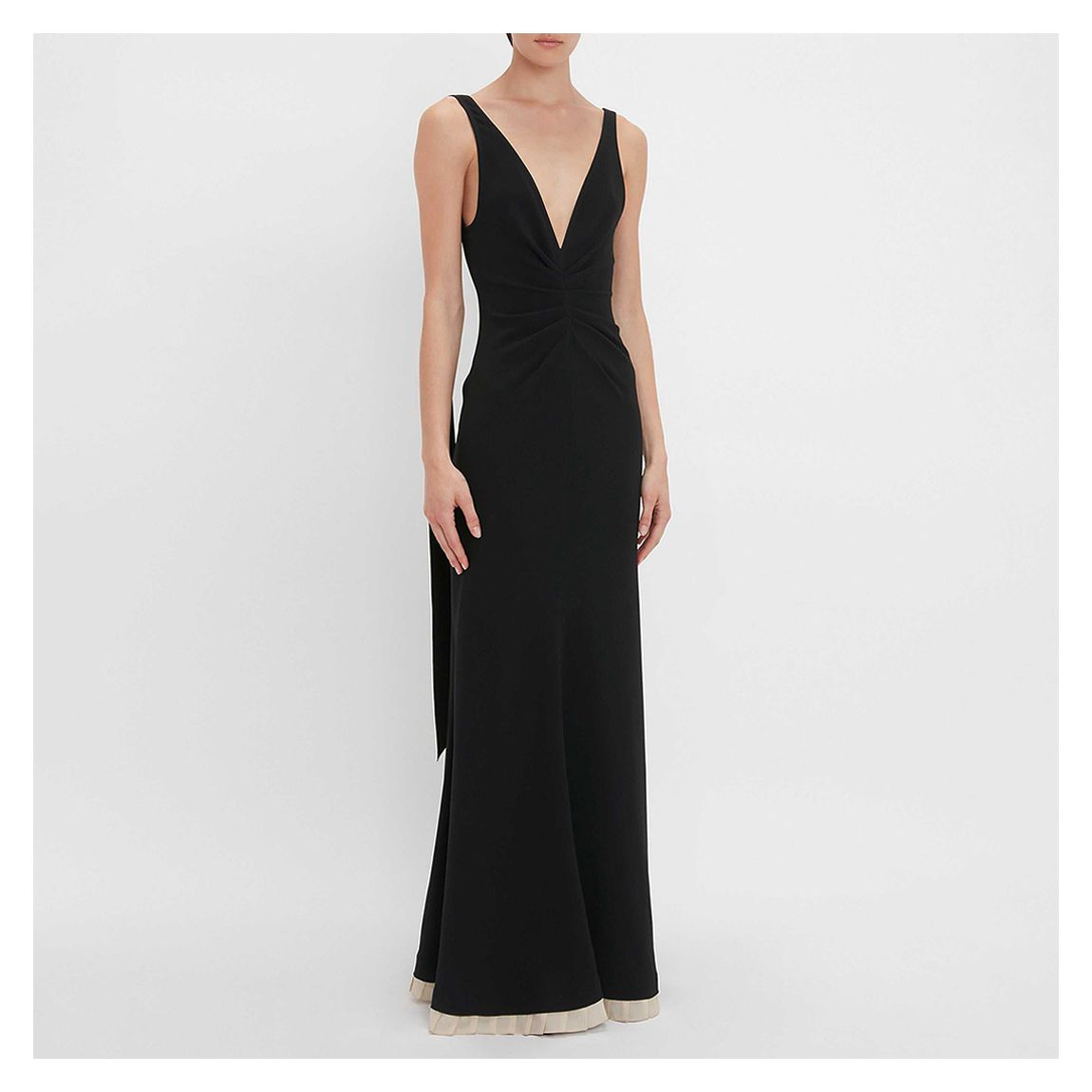 Black V-Neck Backless Gathered Waist Gown main product photo