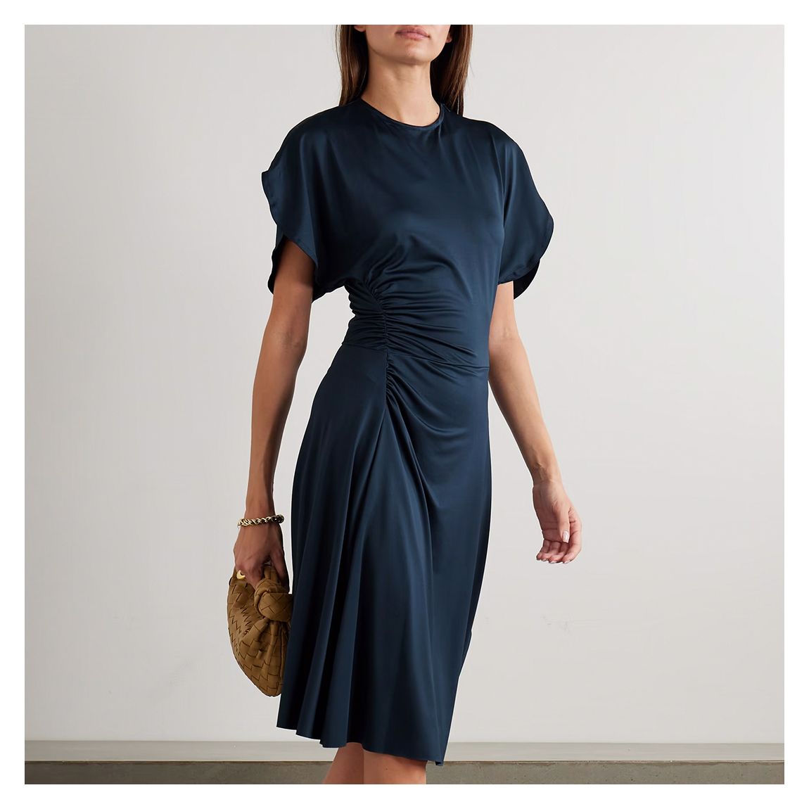 Navy Petal Sleeve Ruched Midi Dress main product photo