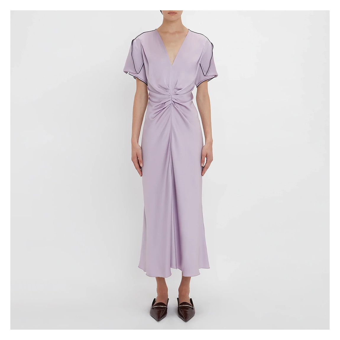 Lilac Gathered V-Neck Midi Dress main product photo