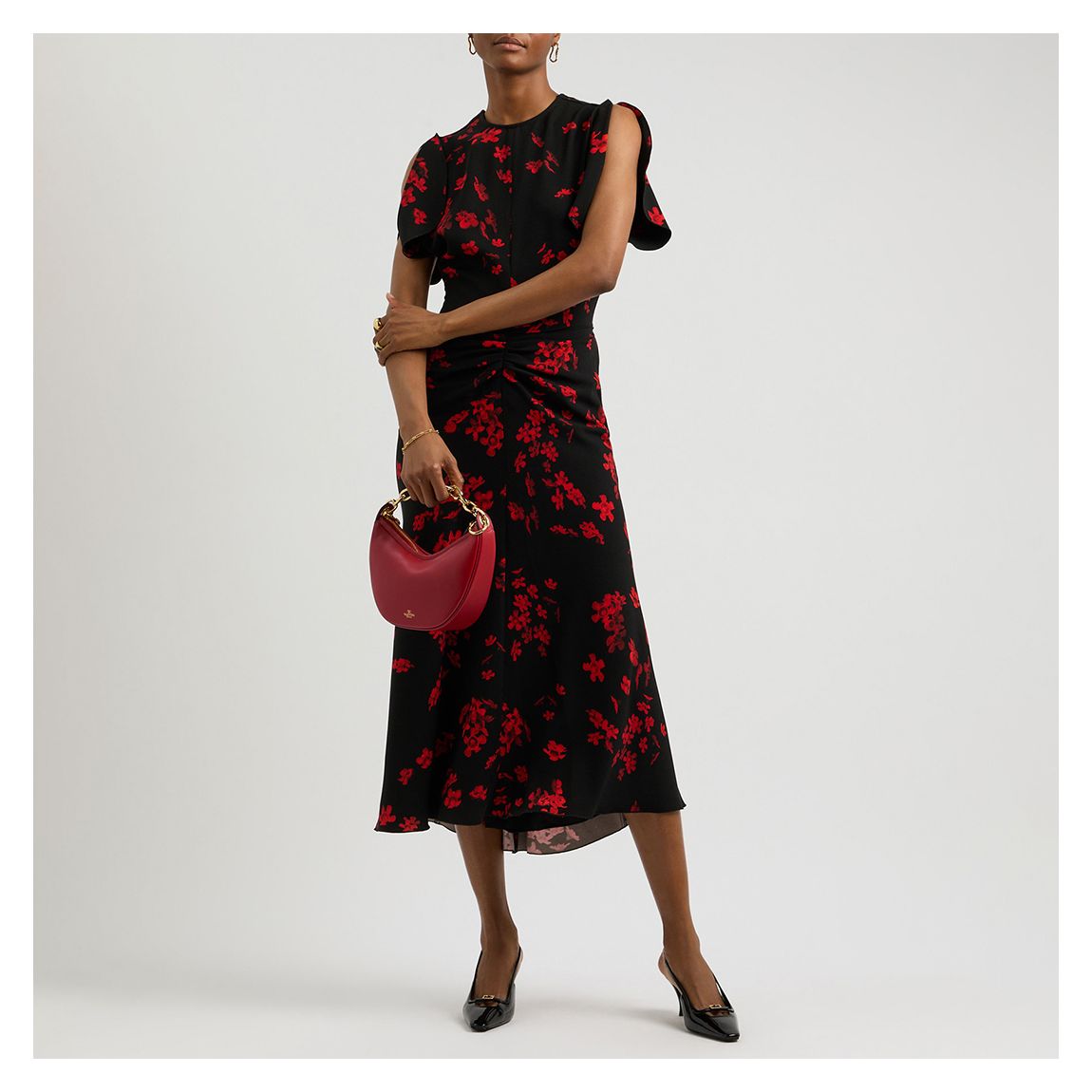 Black Printed Gathered Waist Midi Dress main product photo