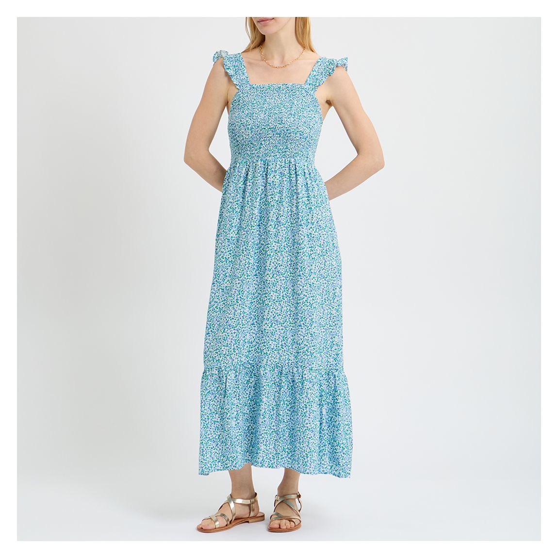 Special Price - Blue Ditsy Print Shirred Tier Dress main product photo