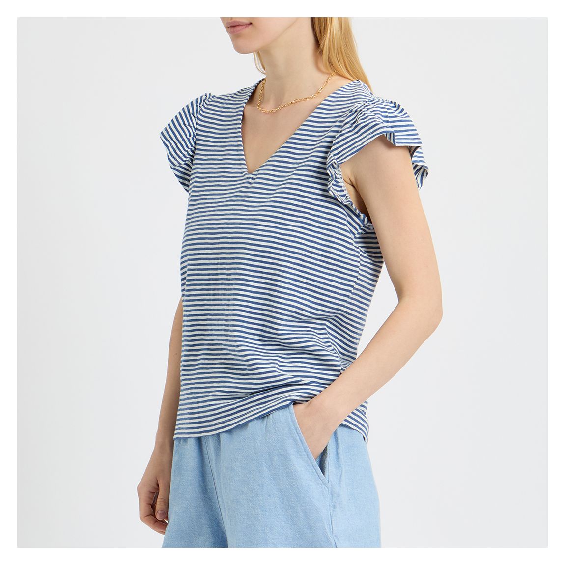 Special Price - Navy/White Stripe Frill Sleeve Top main product photo