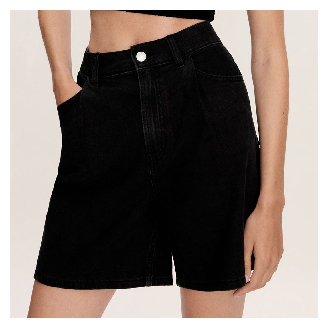 Black Denim Slouchy Pleated Shorts main product photo