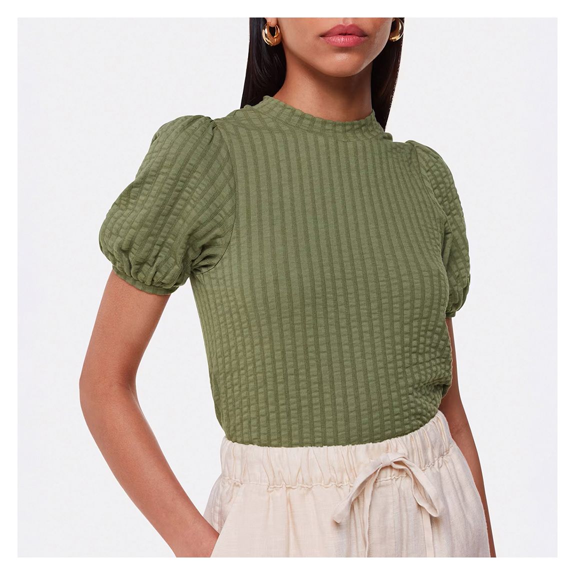 Khaki Green Textured Puff Sleeve Top main product photo