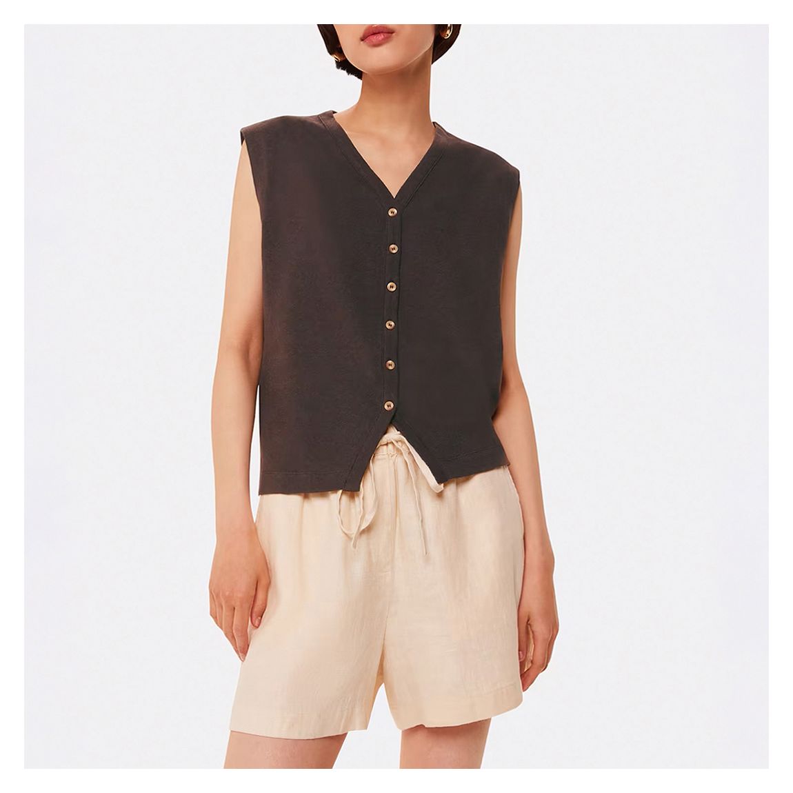 Brown Linen Button Front Tank Top main product photo