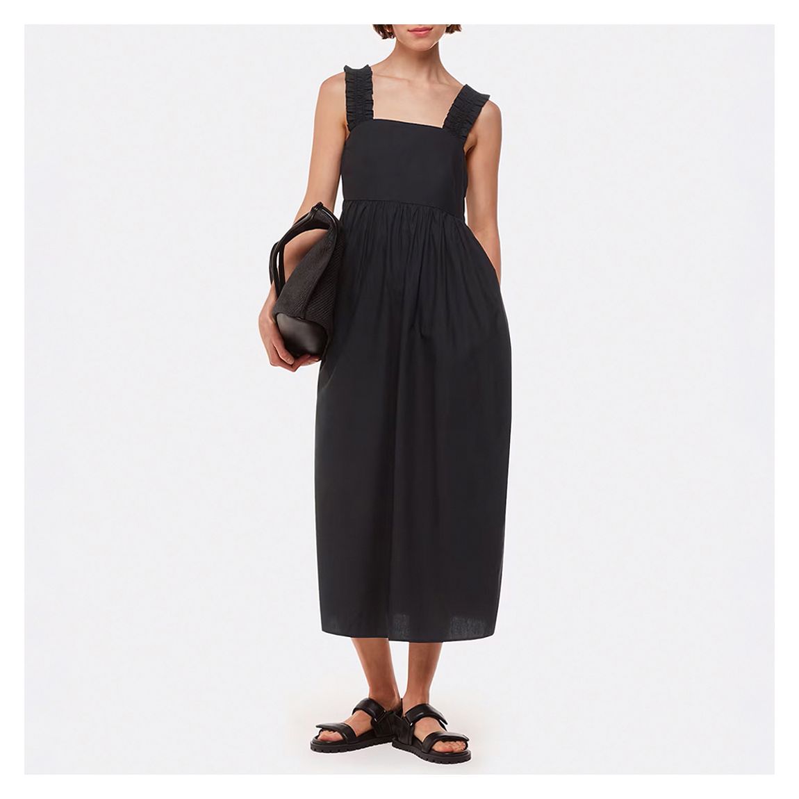 Black Ruffle Strap Poplin Midi Dress main product photo