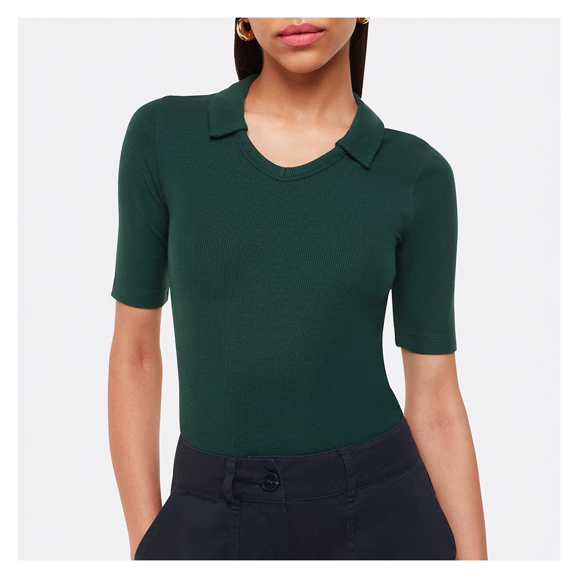 Dark Green Lucie Ribbed Collar Polo Top main product photo