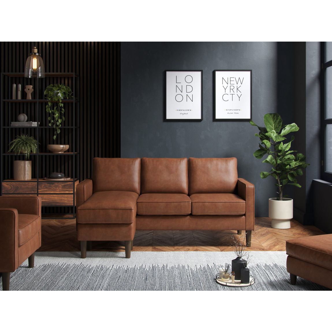 Henry Reversible Chaise Sofa Faux Leather Tan main product photo