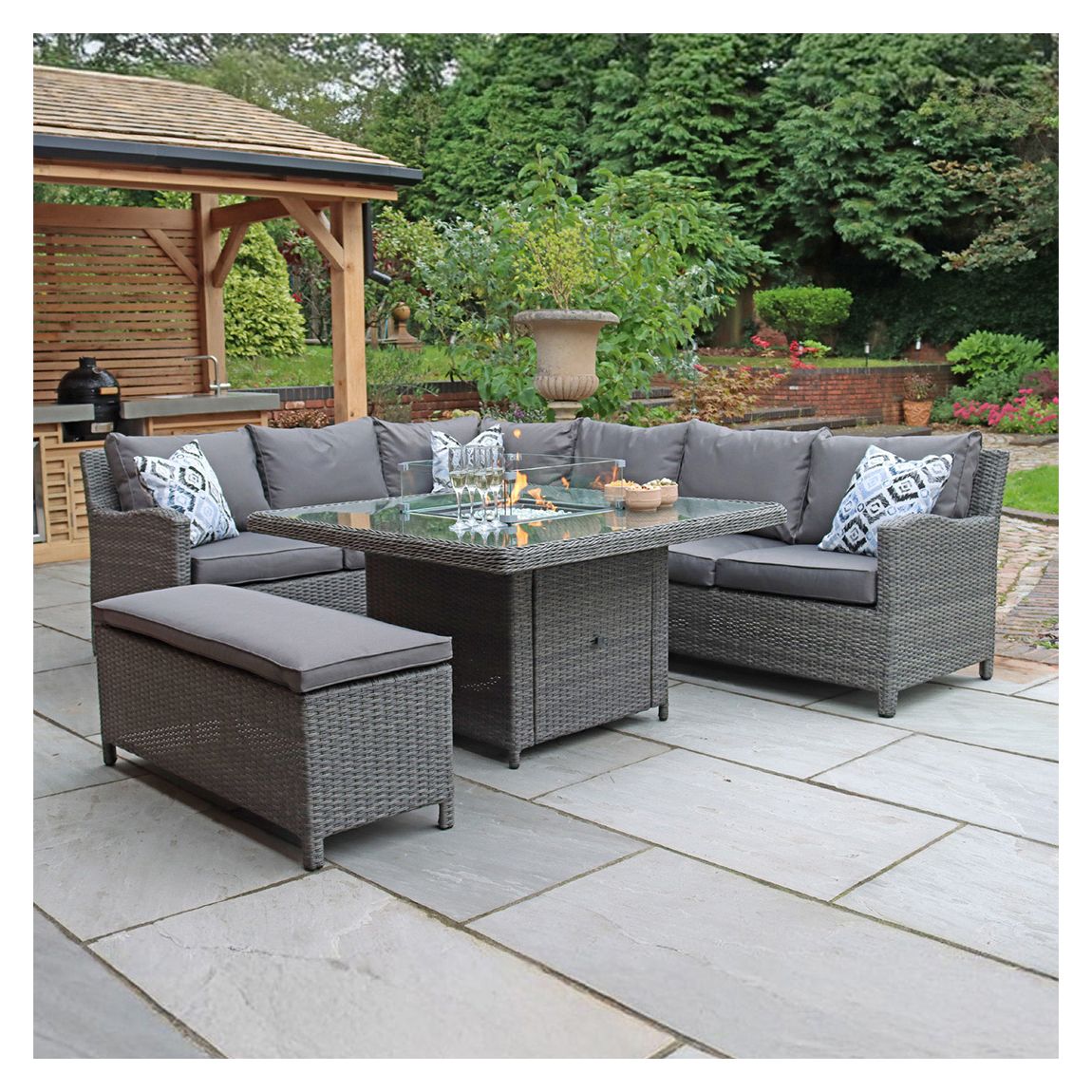 PARIS 7pc Deluxe Modular Corner Dining Set: 2pc LH / RH Sofa, 1pc Corner Chair, 1pc Middle Chair & 1 Bench with 120x120cm Firepit table main product photo