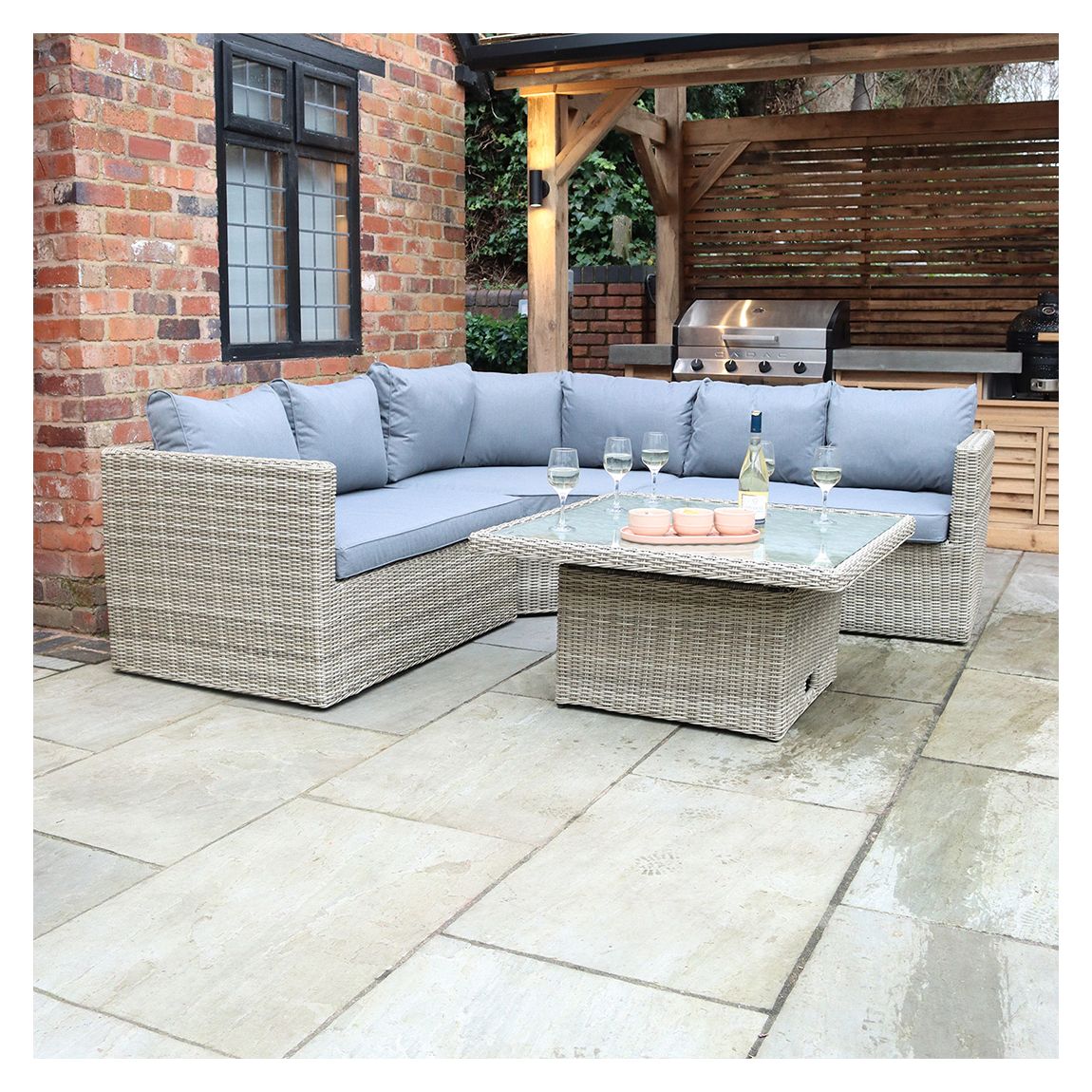 WENTWORTH Corner Lounging Set (1 x LH & RH Sofa Bench, 1 x Std Corner Seat & 1 x Adjustable Height Table 100 x 100cm (68cm - Dining / 50cm - Coffee) inc Cushions) main product photo