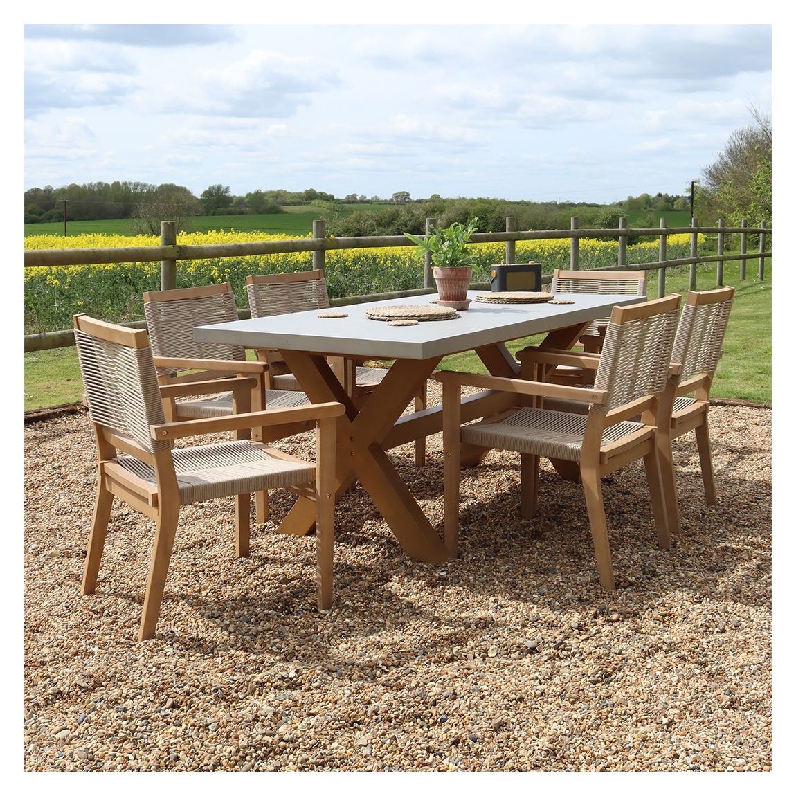 FSC 1 Luna 180x90cm Rectangular Concrete table with 6 Roma Rope Stacking Chairs main product photo