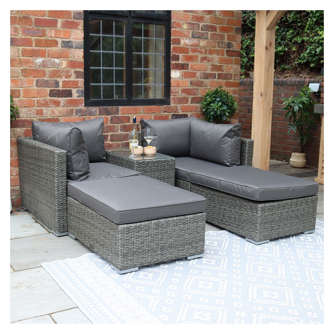PARIS 4 Seater 5pc Multi Setting Relaxer Set 2pc LH/RH Seat, 2pc Ottoman Seat, 1pc Side Table with Weather Shield Fabric Cushions main product photo