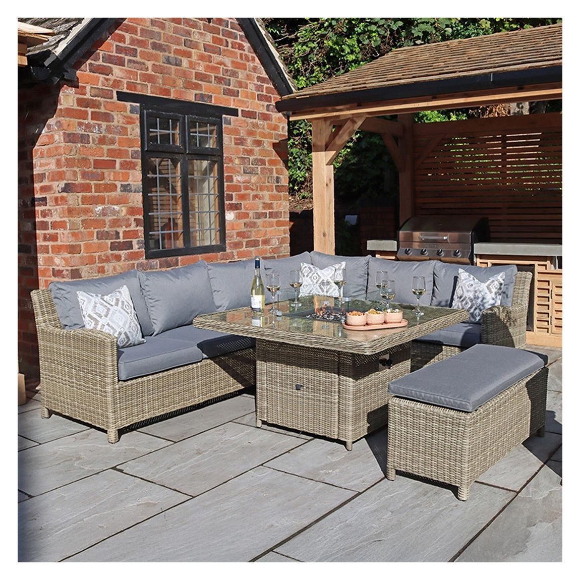 WENTWORTH 7pc Deluxe Modular Corner Dining / Lounging Set: 2pc LH & RH sofa, 1pc Corner Seat, 1pc Middle Chairs, 1pc 120cmx120cm Fire Pit Table & 1 Bench including Cushions main product photo