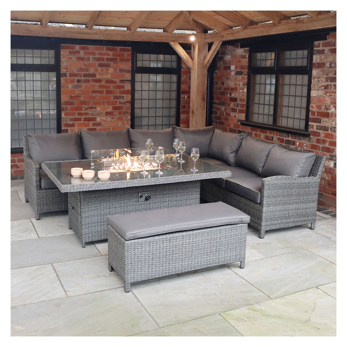 PARIS 7pc Deluxe Modular Corner Dining Set: 2pc LH / RH Sofa, 1pc Corner Chair, 1pc Middle Chair & 1 Bench with 170x100cm Firepit Table main product photo