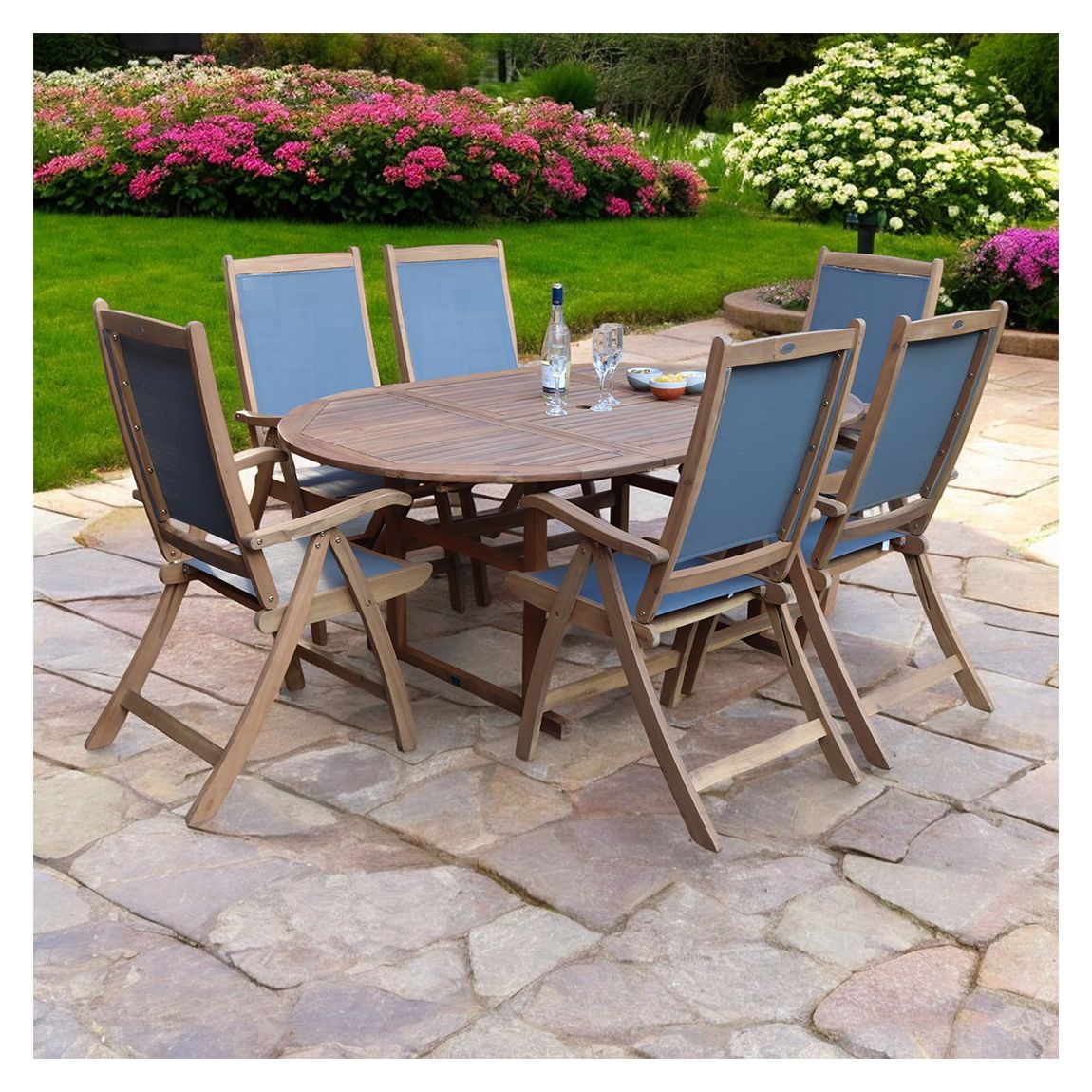 Turnbury Beige Table With 6 x Henley Grey Textylene Reclining Folding High Back Armchair main product photo