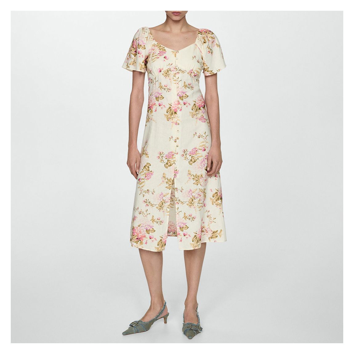 Cream Linen Blend Floral Dress main product photo