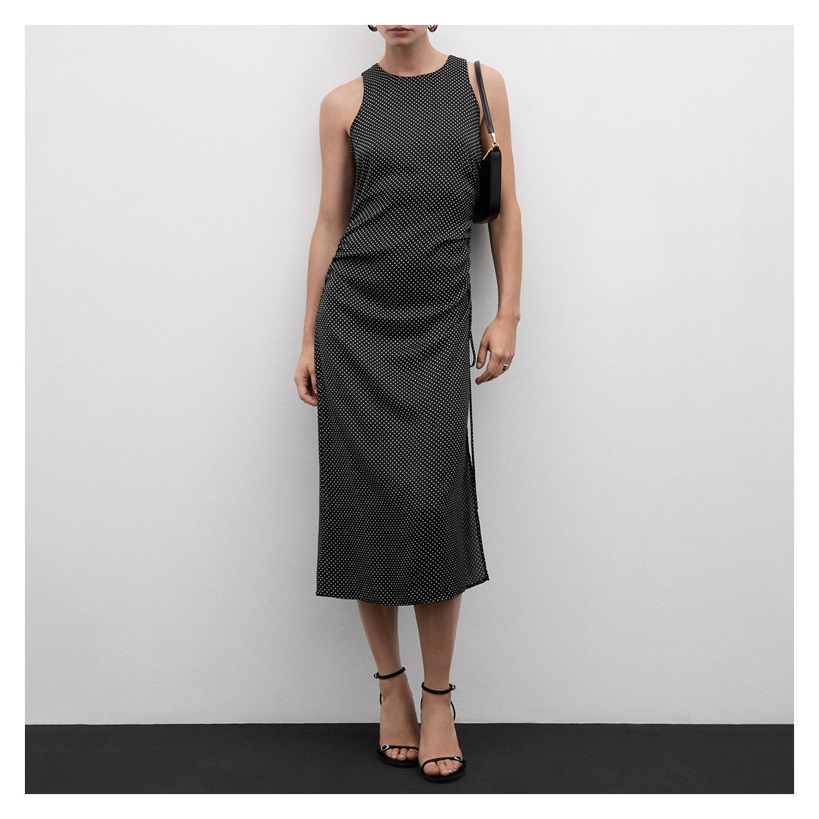 Black Polka Dot Side Ruche Midi Dress main product photo