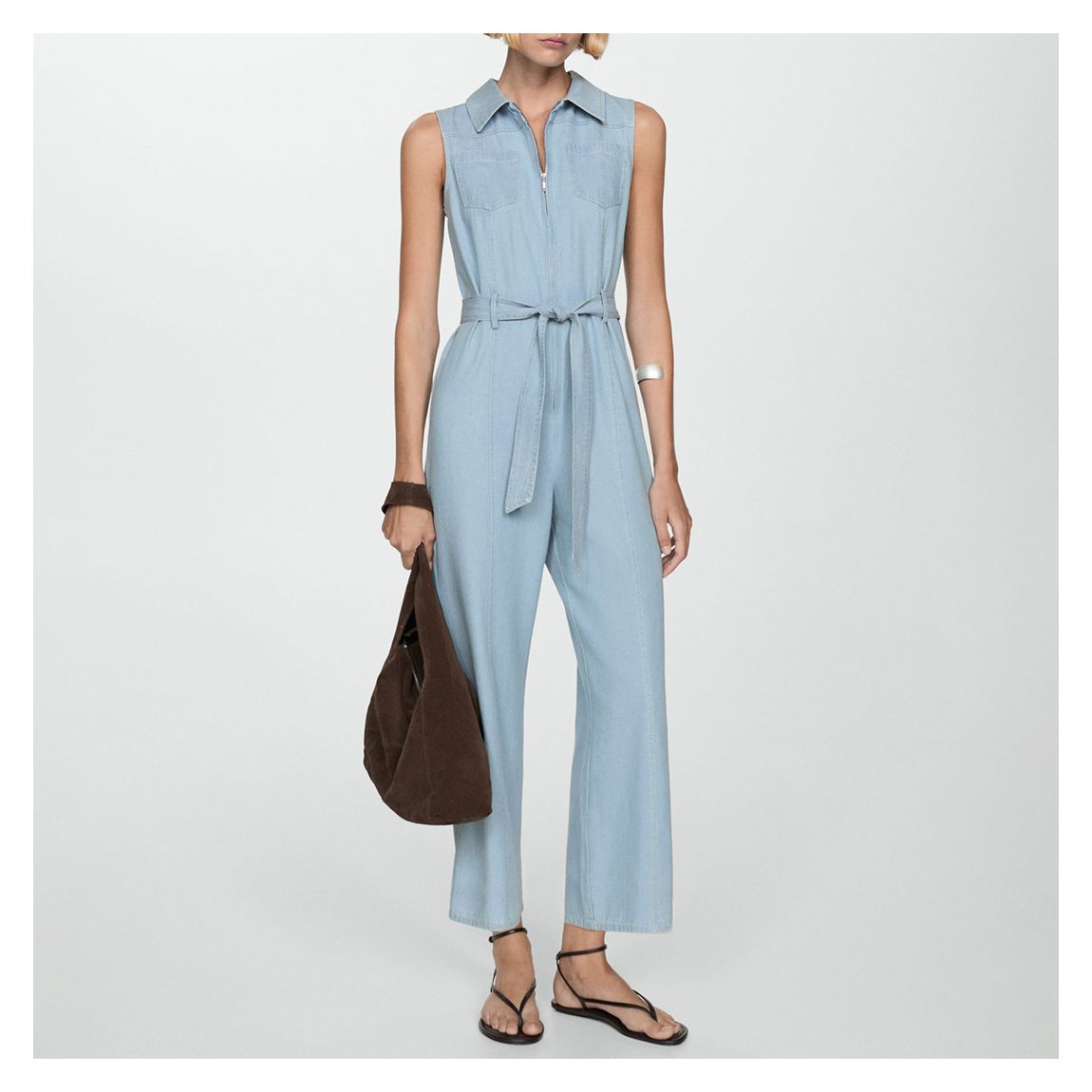 Light Blue Belted Denim Jumpsuit main product photo