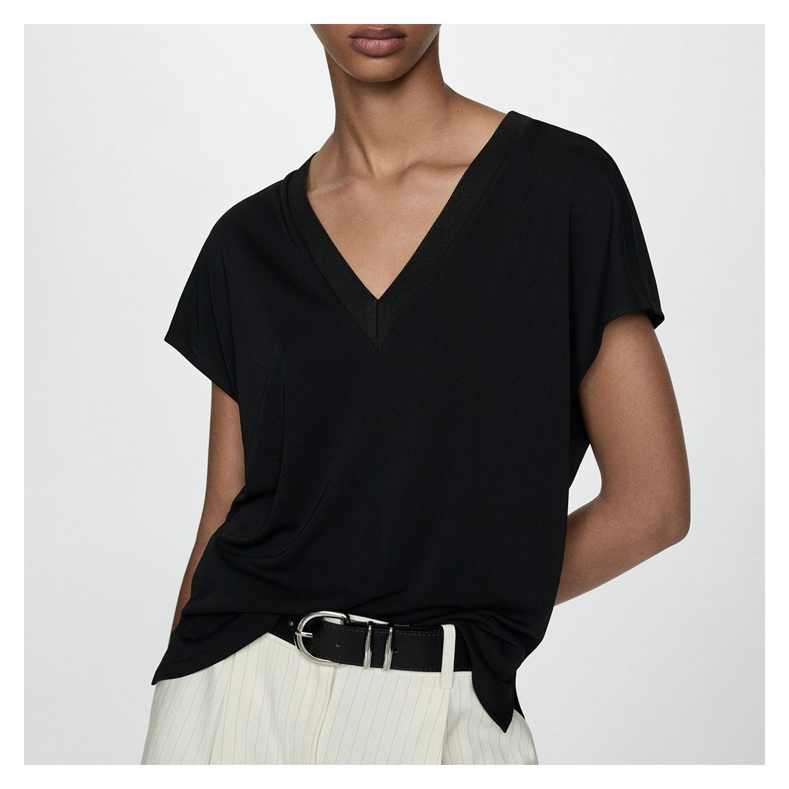 Black V-Neck Cap Sleeve Tee main product photo