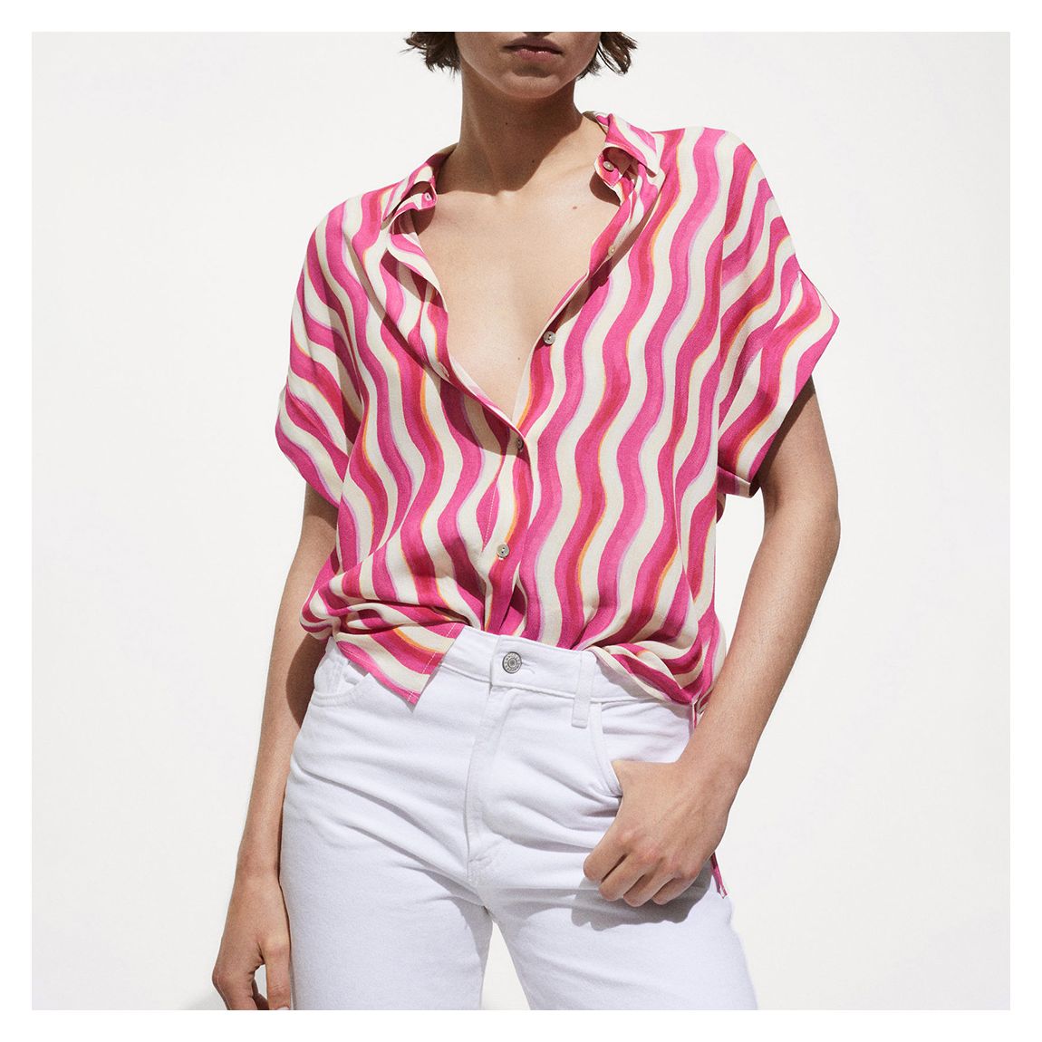 Fuchsia Printed Button Tab Blouse main product photo