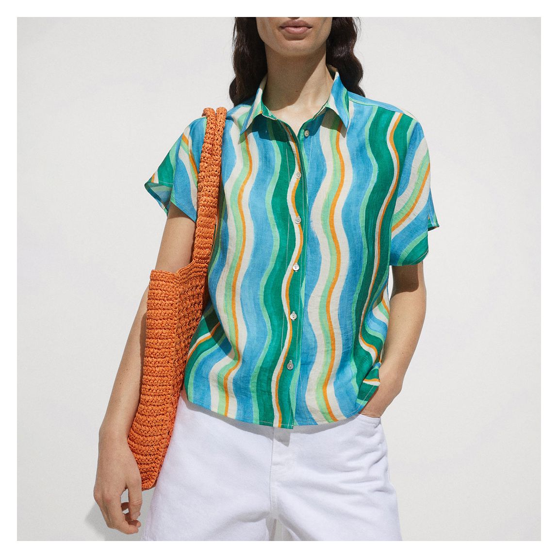 Turquoise Printed Button Tab Blouse main product photo
