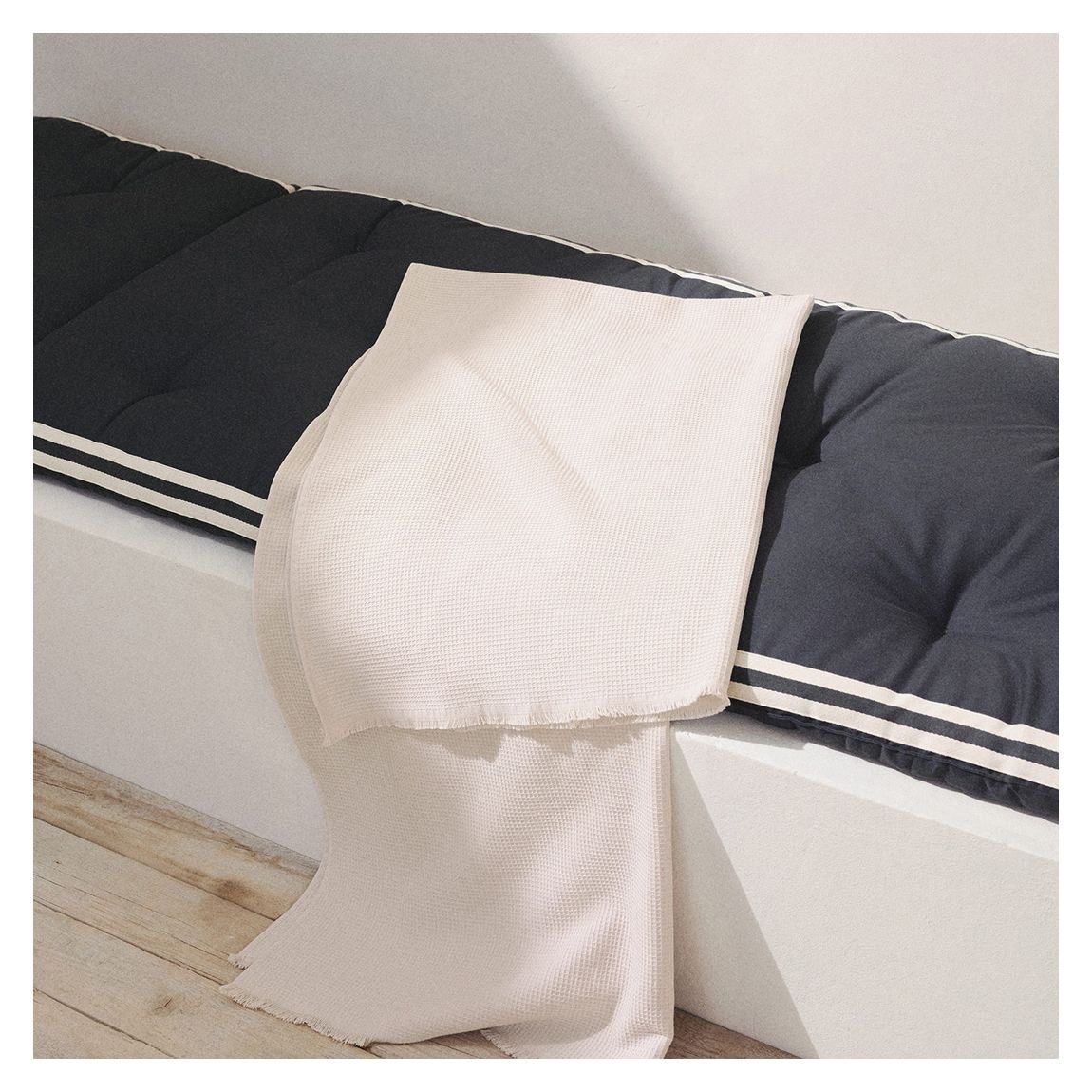 Cotton Waffle Beach Towel With Fringes, Cream main product photo