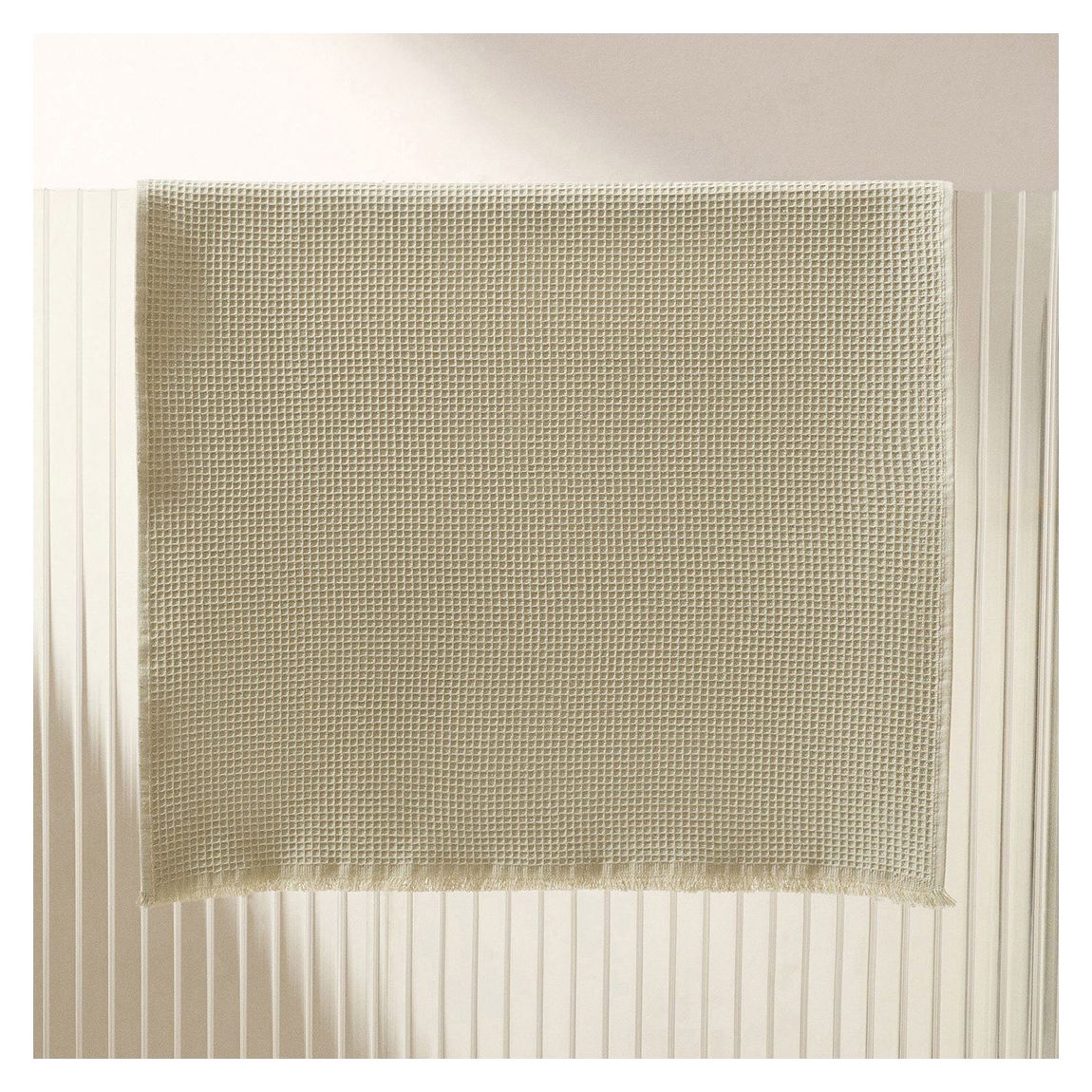 Cotton Waffle Bath Mat With Fringes, Beige main product photo