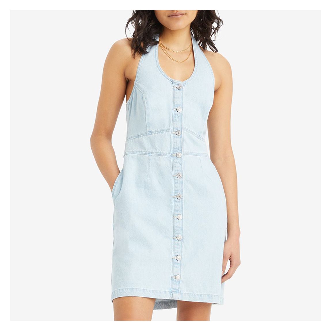 Light Wash Halter Neck Denim Mini Dress main product photo