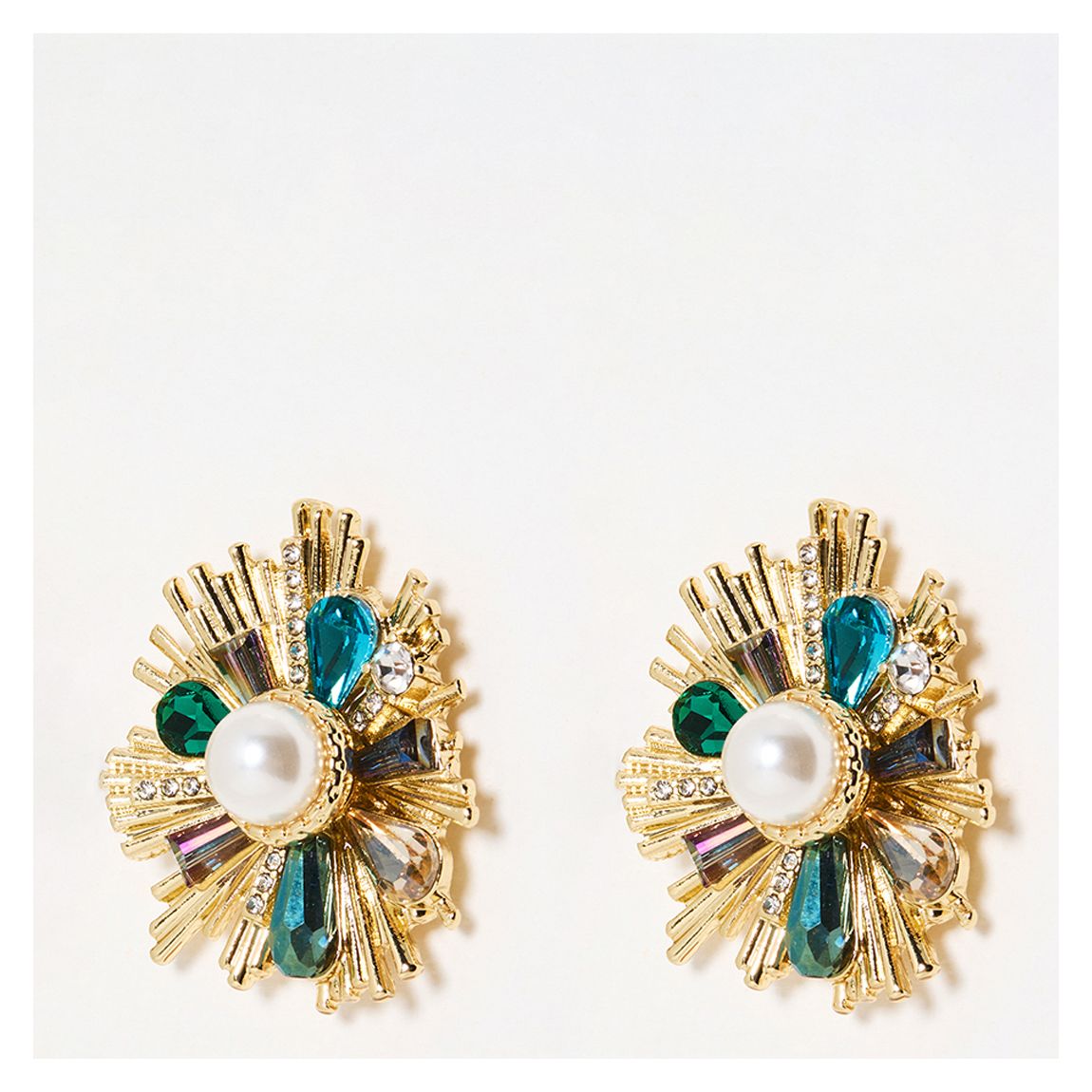 Gold Aurelie Starburst Baguette Stone & Faux Pearl Stud Earrings main product photo